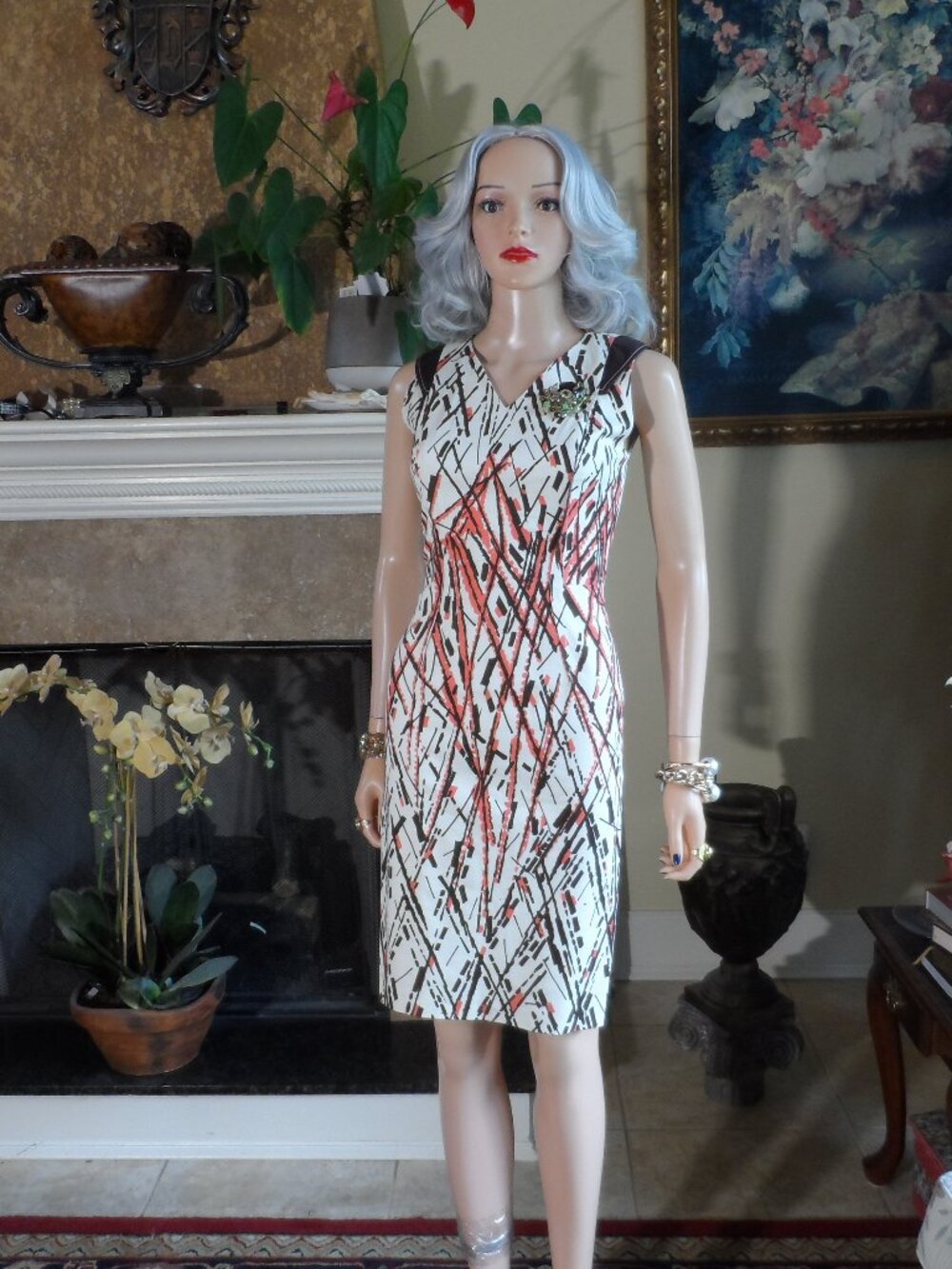 Carolina Herrera Ivory Coral & Brown Abstract Print Sheath Dress Size 2